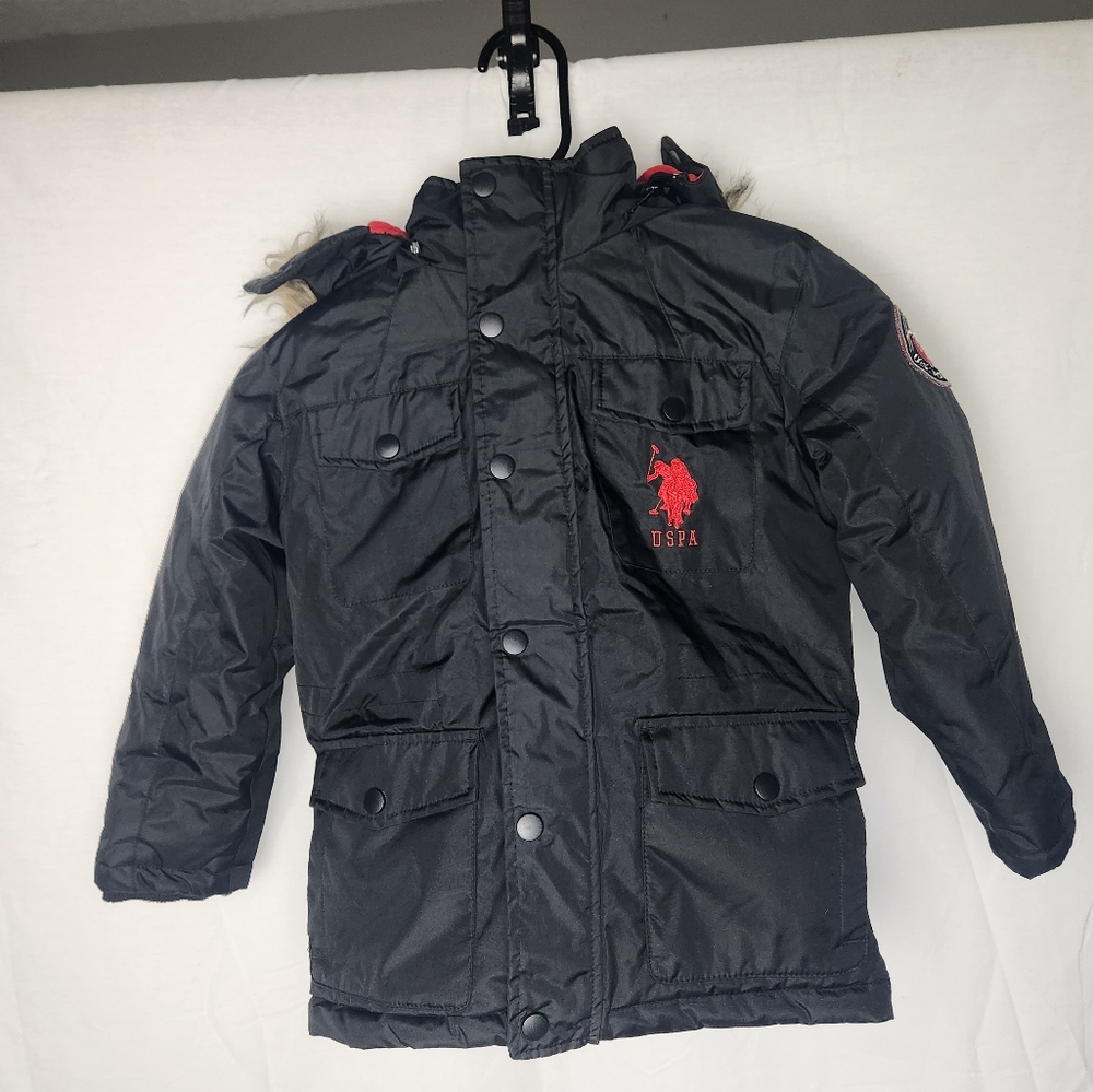US Polo Assn Red & Black Faux Fur Hooded Coat Jacket USPA Size 5/6 Puffer Style